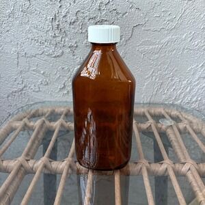 Amber Glass Bottle with White Screw Cap Vintage Apothecary Medicine Container